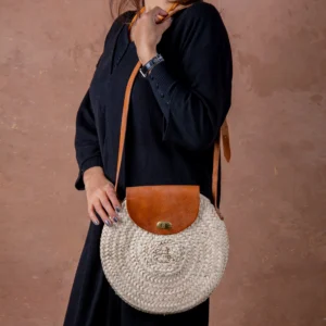 Marrakech Round Straw Bag with Leather Cover - Green Doum