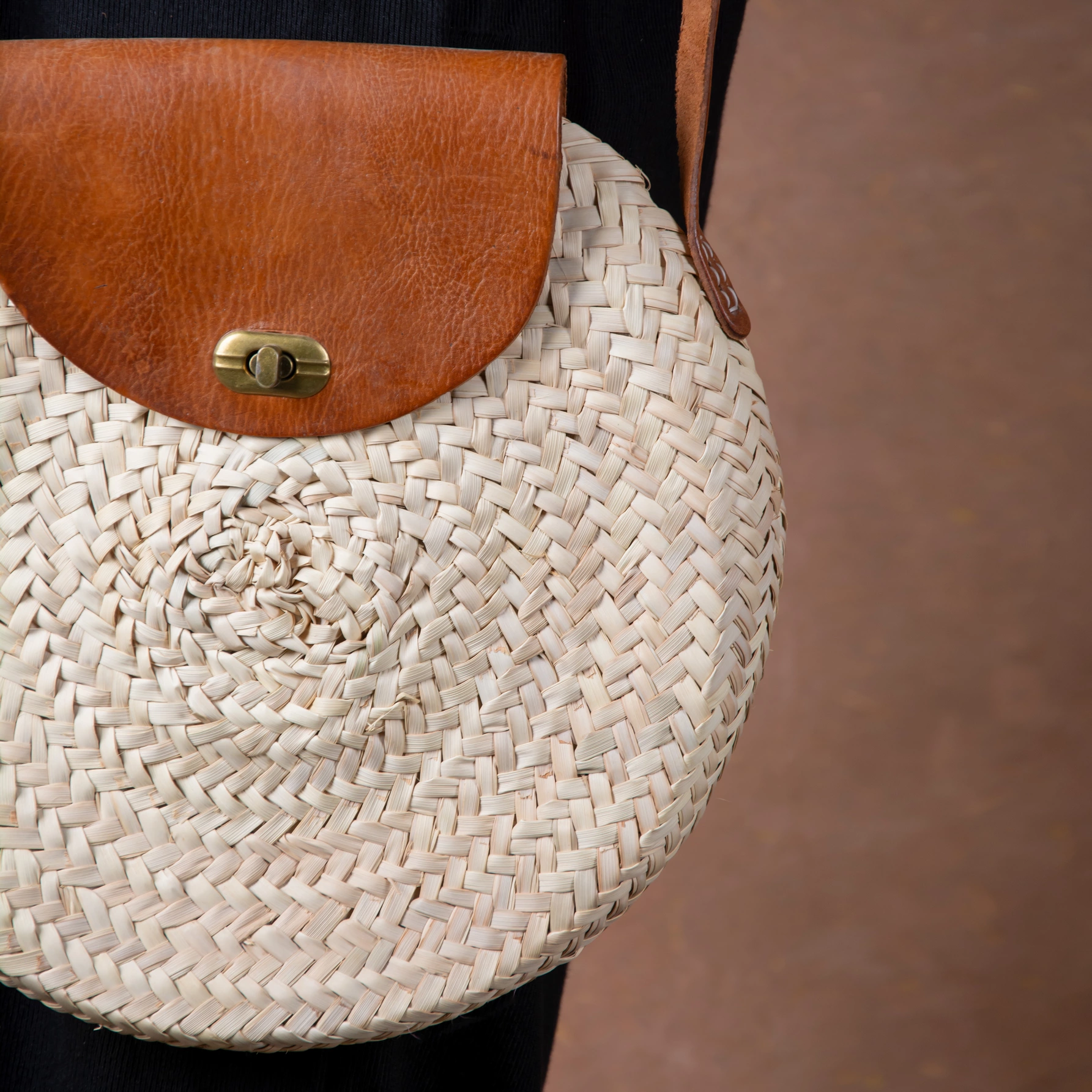 Marrakech Round Straw Bag with Leather Cover - view 2
