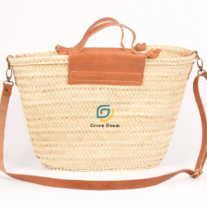 Straw Bag with Short Leather Handle and Shoulder Strap - Green Doum