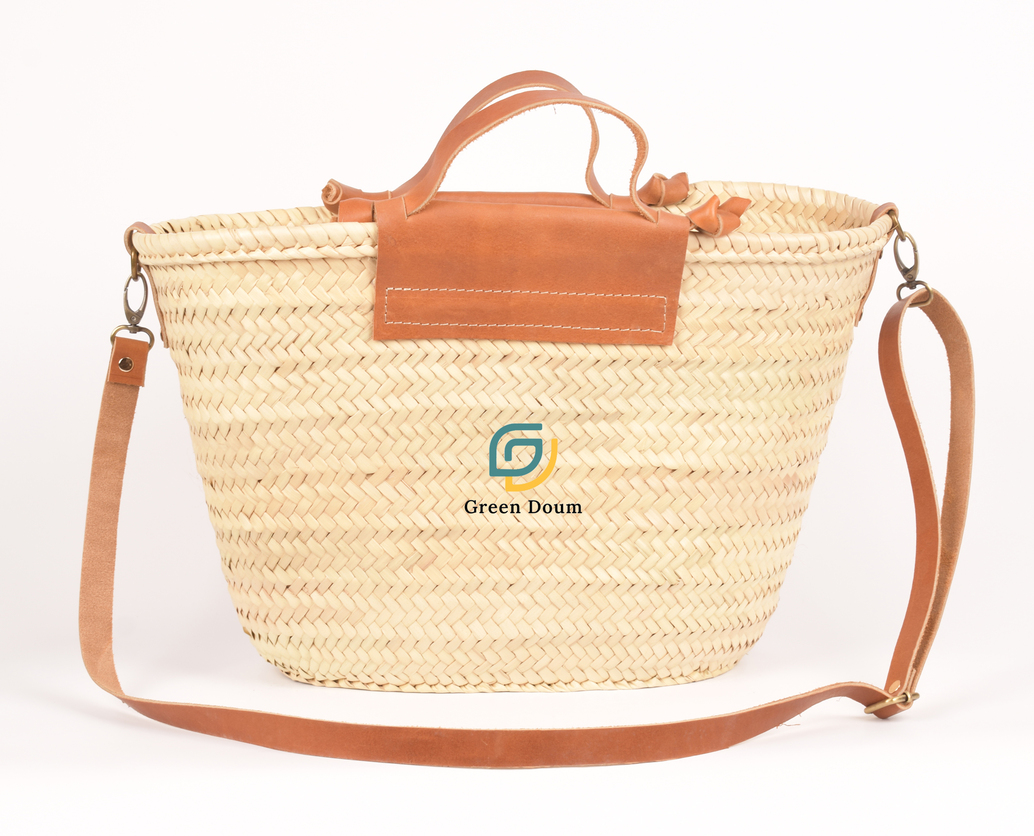 Straw Bag with Short Leather Handle and Shoulder Strap - Green Doum