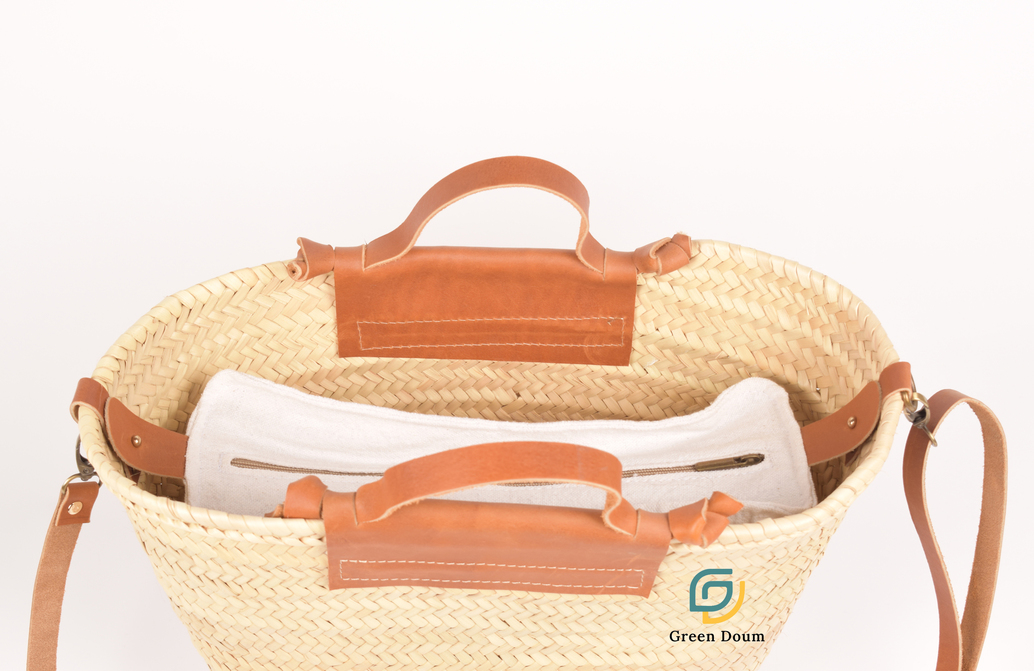 Straw Bag with Short Leather Handle and Shoulder Strap - view 3