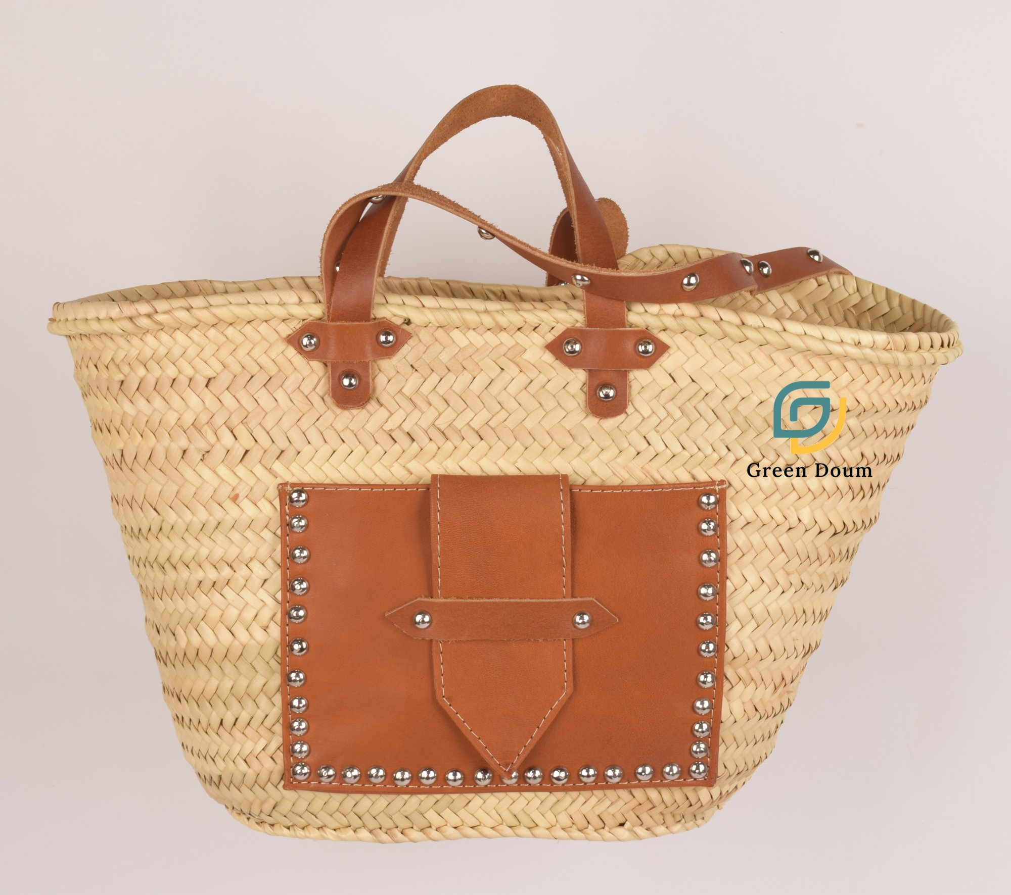 Grand sac en paille avec poche et lanière en cuir