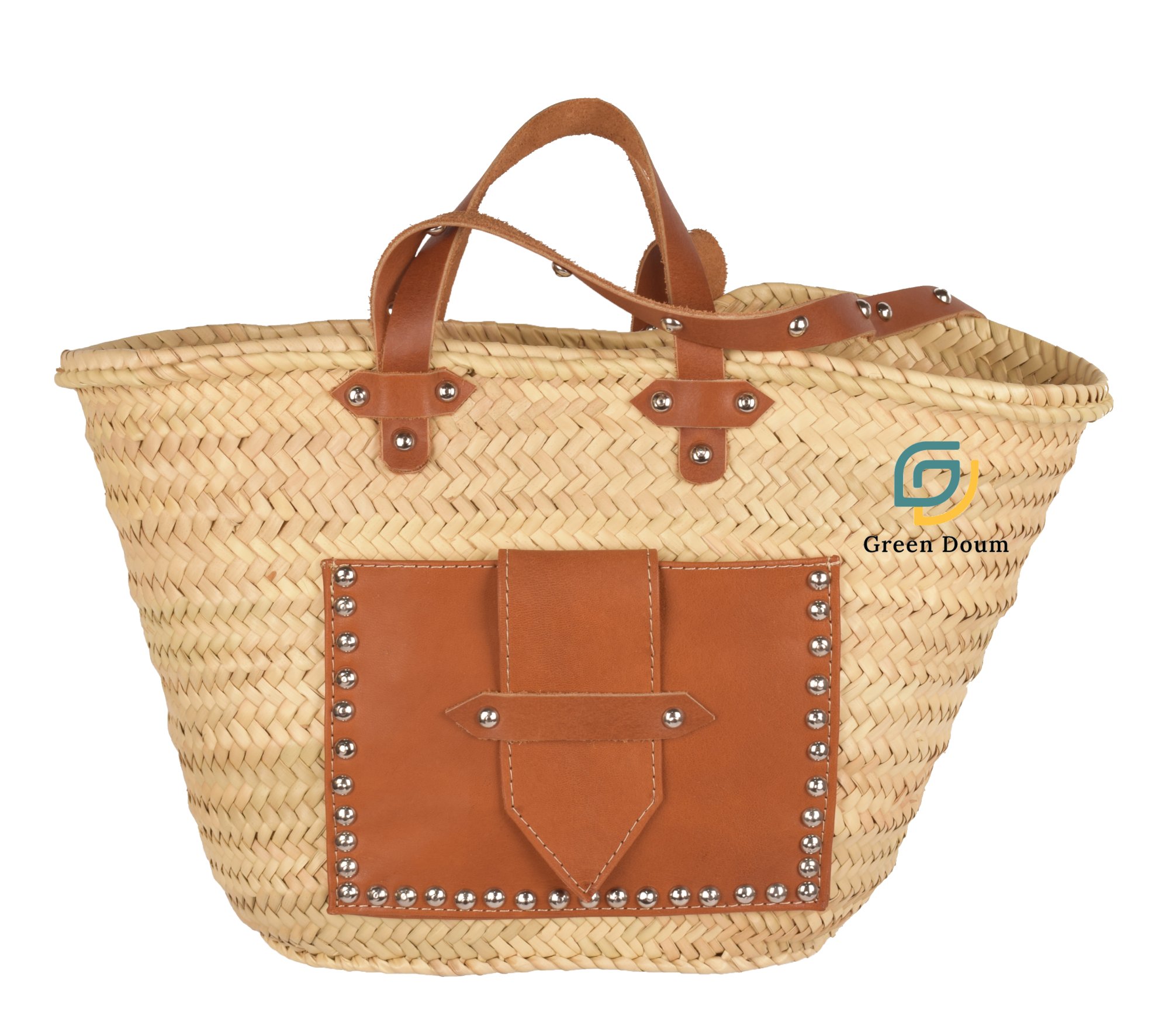Grand sac en paille avec poche et lanière en cuir – Image 2