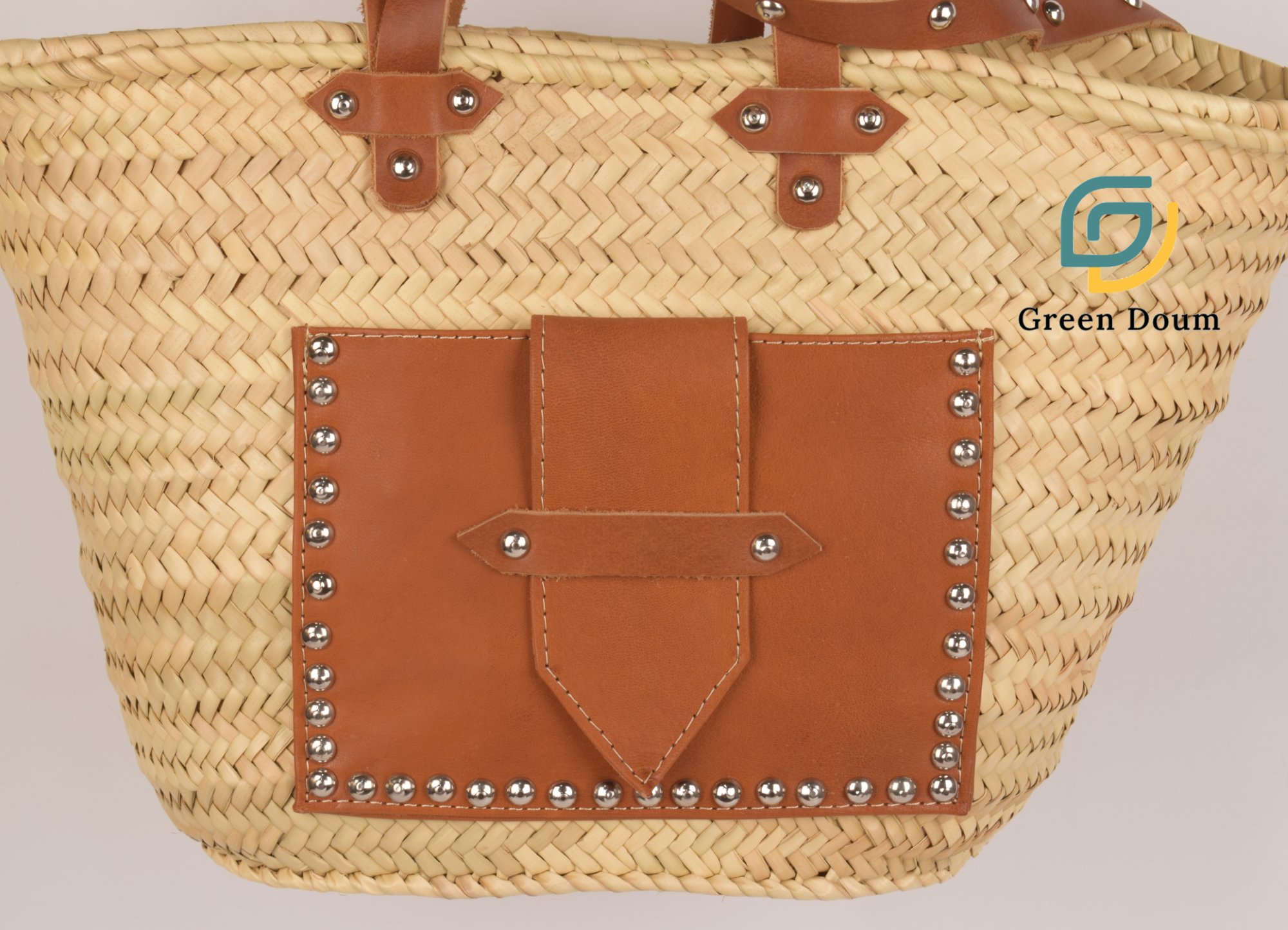 Grand sac en paille avec poche et lanière en cuir – Image 3