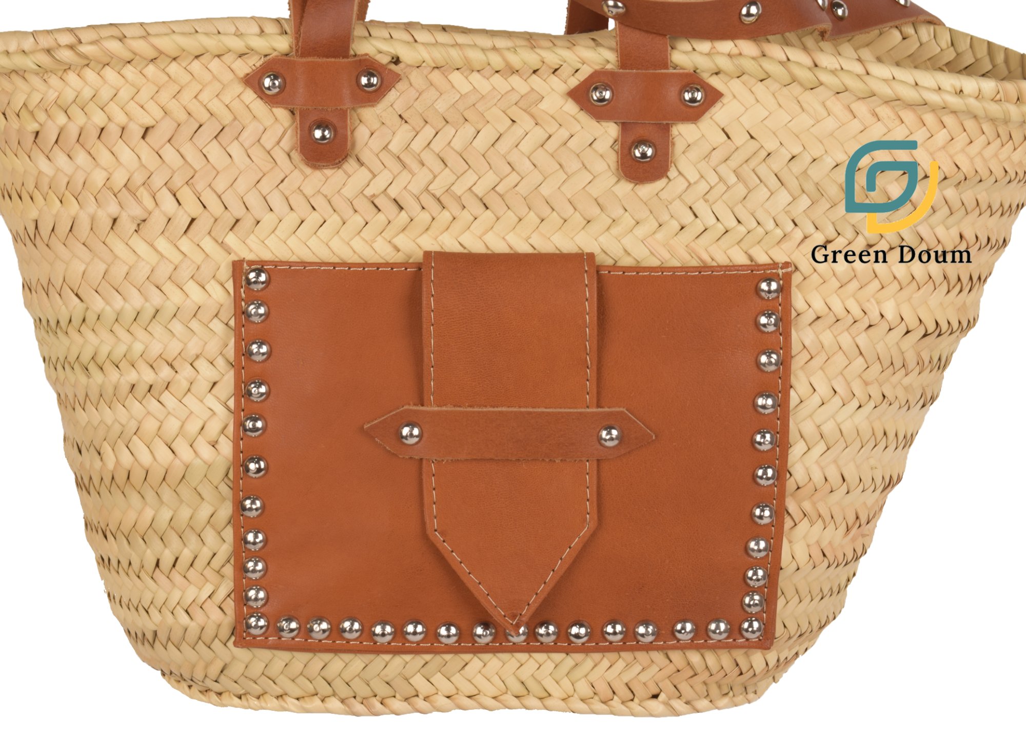 Grand sac en paille avec poche et lanière en cuir – Image 4