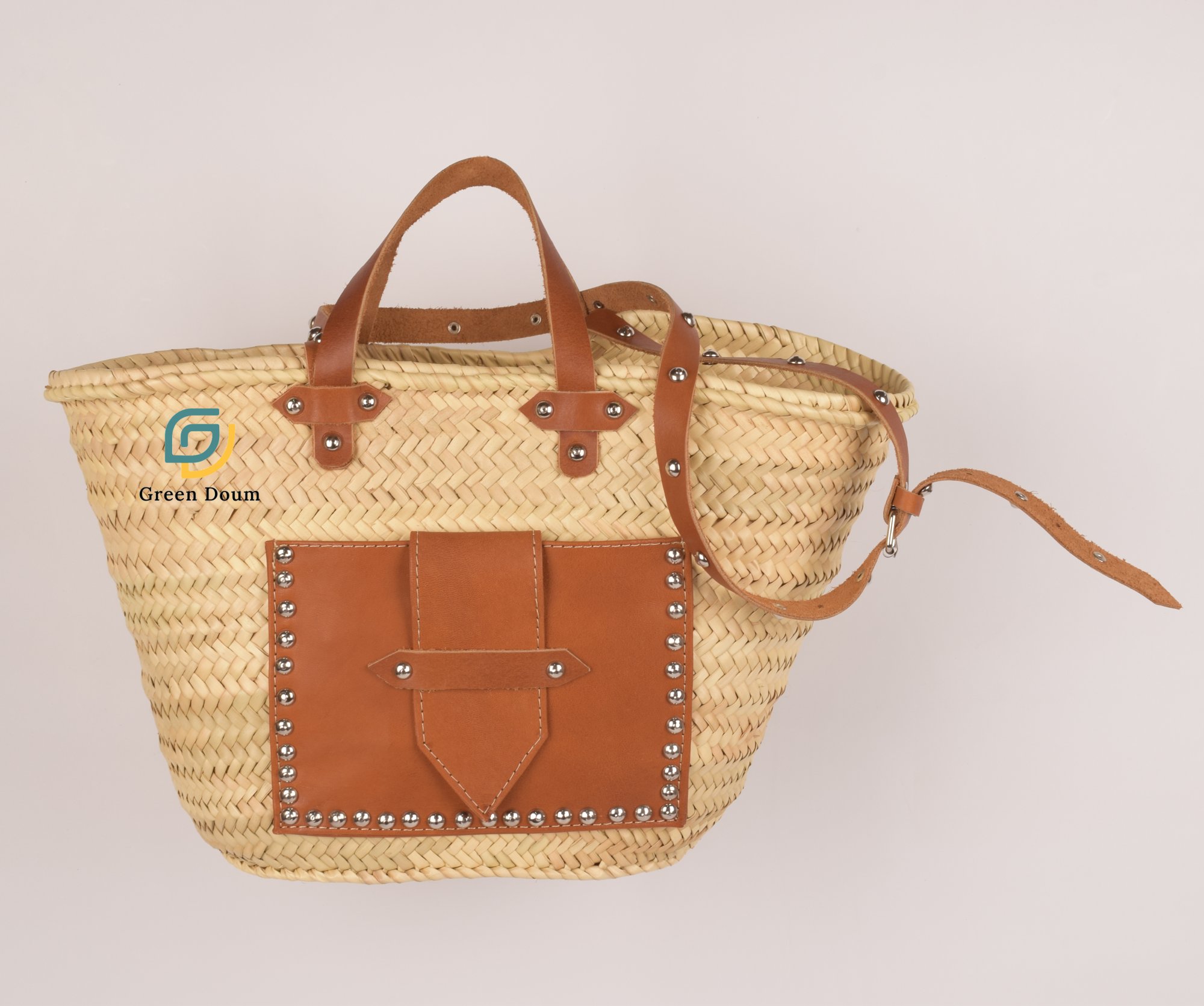 Grand sac en paille avec poche et lanière en cuir – Image 5