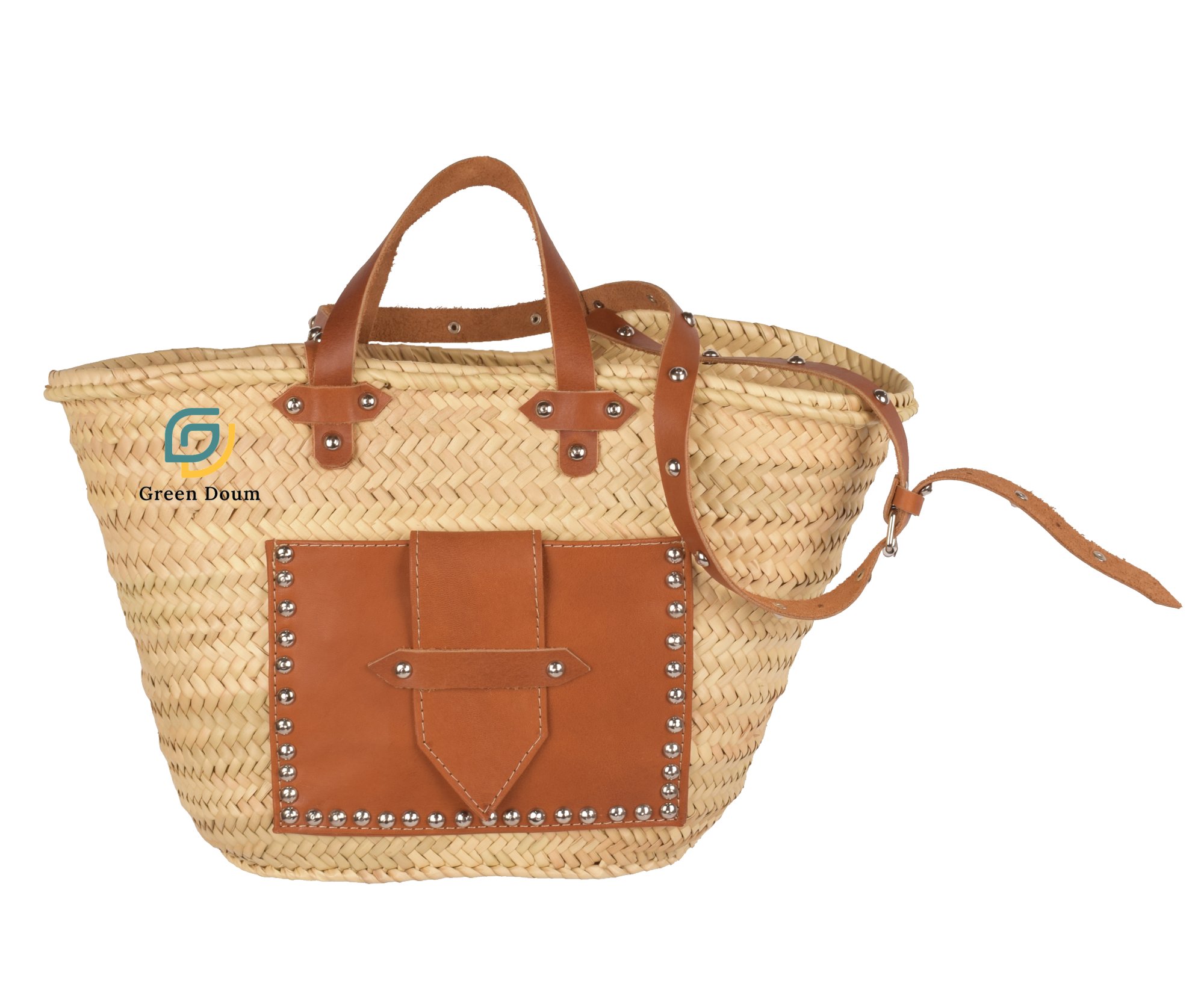 Grand sac en paille avec poche et lanière en cuir – Image 7
