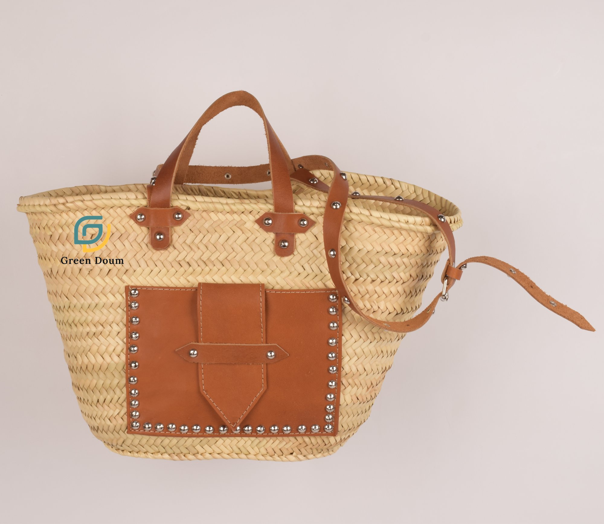 Grand sac en paille avec poche et lanière en cuir – Image 8