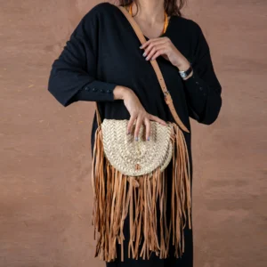 Sac bandoulière bohème en paille, longues franges en cuir - Green Doum
