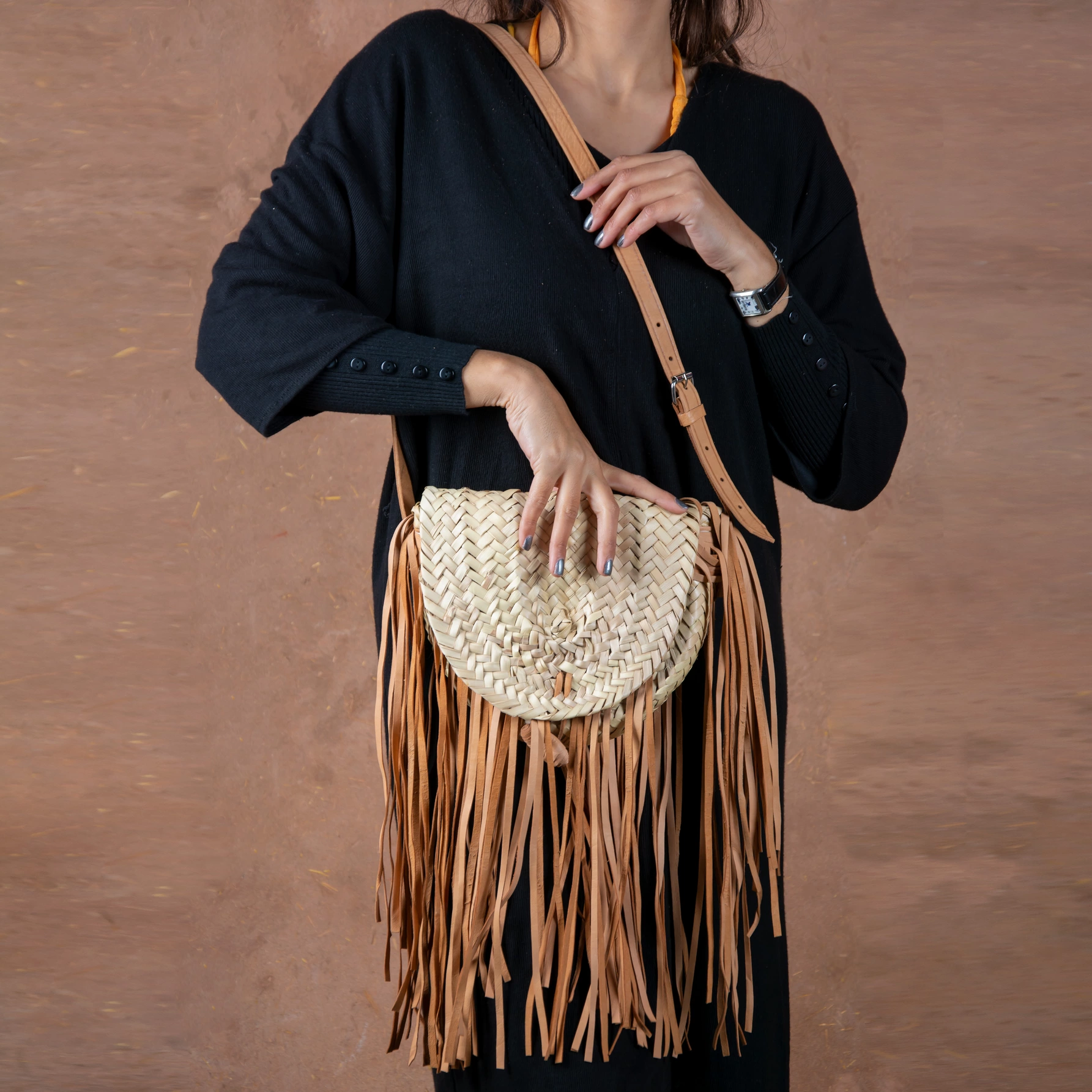 Bohemian Straw Crossbody Bag with Long Leather Fringe - Green Doum