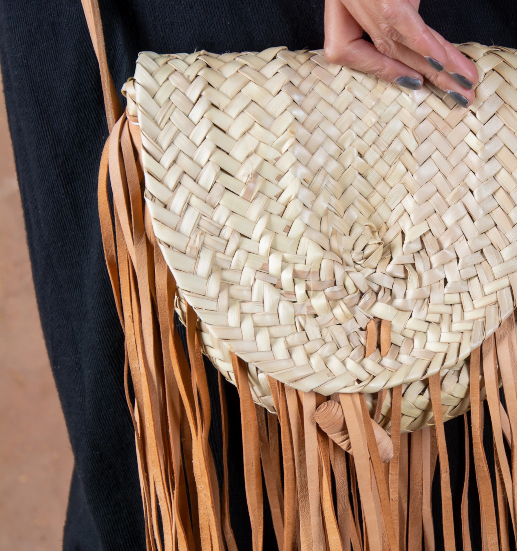 Bohemian Straw Crossbody Bag with Long Leather Fringe - view 5
